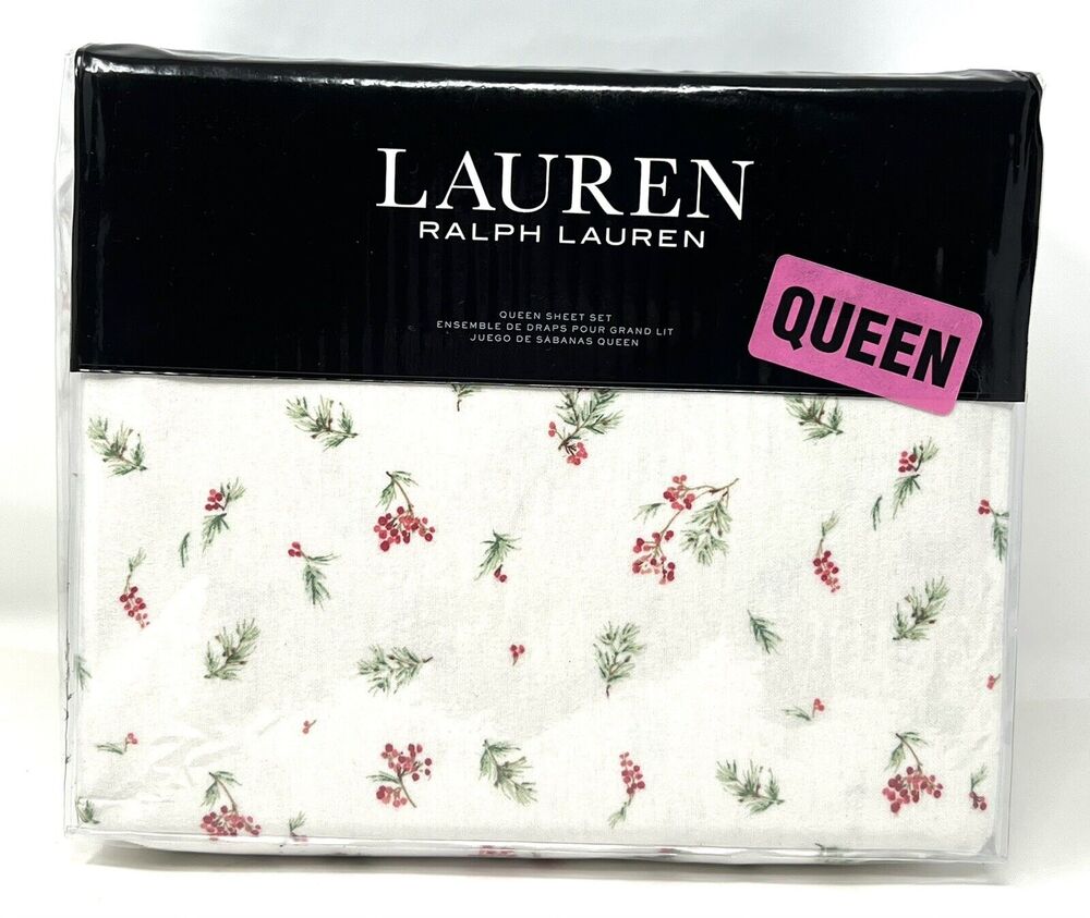 Ralph Lauren Christmas Mackenzie Flannel Sheet Set Queen Holiday Holly Mistletoe